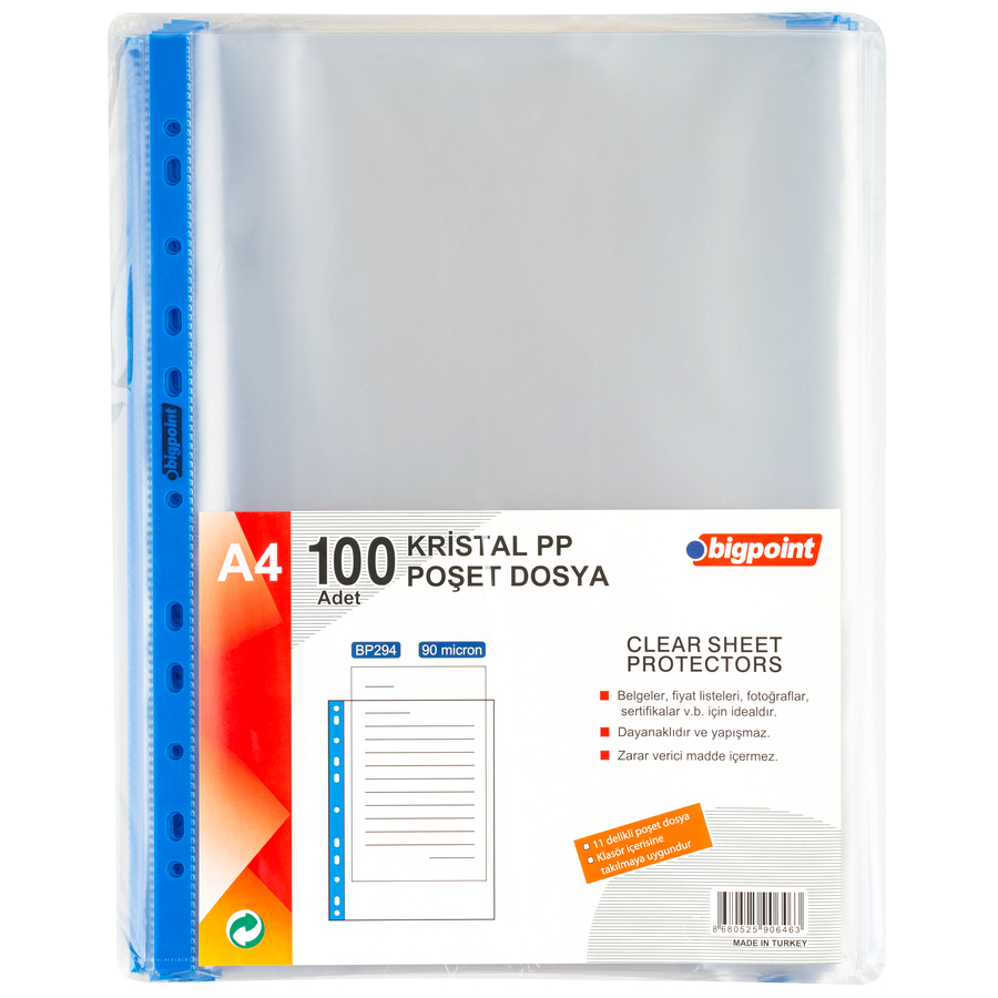 Poşet Dosya Mavi Şeritli Kristal 90 Mikron 100'lü Paket - guzeltedarik.com