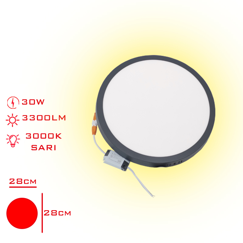 LEVA LED PANEL YUVARLAK SIVA USTU 30W SARI ISIK GRI CERCEVE LV-3154 / 3R (G)