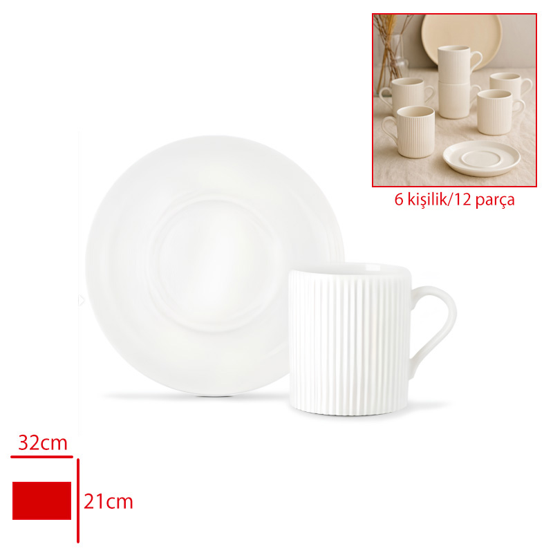 PORLINE KAHVE FINCAN TAKIMI 6 LI CIZGILI BEYAZ SLSUN12KT