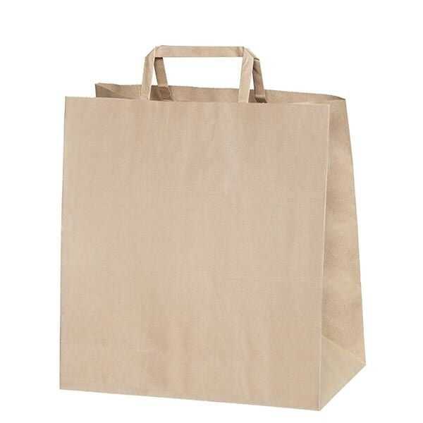 Ekonomik Kraft Çanta Düz Saplı 16x27x29 cm - 27 cm eninde, 29 cm boyunda ve 16 cm taban genişliğinde, baskısız, flat (düz) saplı, 70 gr geri dönüşüm kraft kağıttan üretilmiştir.

Restaurant ve cafelerin paket servislerinde, hediyelik eşya mağazalarında şık ve doğa dostu bir alternatif sağlar.

Salata kabı ve sıcak servis yemek kapları gibi geniş ürünlere uygun bir üründür.

Geri dönüşümü yapılabilen doğa dostu bir torbadır.