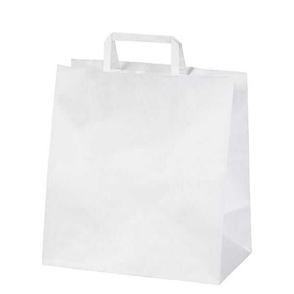 Beyaz Kraft Çanta Düz Saplı Büyük Boy 16x28x29cm 70 gr - 28 cm eninde, 29 cm boyunda ve 16 cm taban genişliğinde, baskısız, flat (düz) saplı, 70 gr kağıttan (ekonomik), beyaz kraft kağıt çantadır.
Restaurant ve cafelerin paket servislerinde, hediyelik eşya mağazalarında kaliteli ve kalın malzemeden üretildiği için şık ve güvenilir taşıma sağlar.
Salata kabı ve sıcak servis yemek kapları gibi geniş ürünlere uygun bir üründür.
Geri dönüşümü yapılabilen doğa dostu bir torbadır.