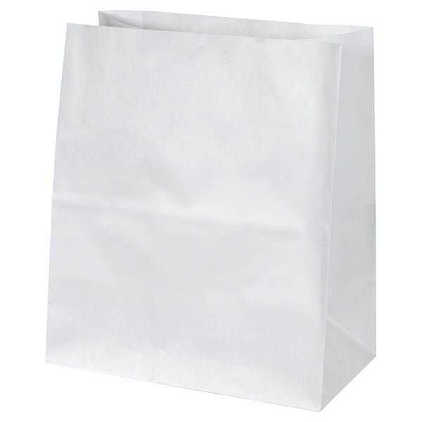 Sapsız Beyaz Taşıma Torbası Büyük Boy 27x16x29 cm - Taban ölçüsü 16 cm, genişliği 27 cm ve yüksekliği 29 cm beyaz kağıttan, sapsız, 70 gr kağıt kalitesinde, baskısız, dipli taşıma torbası.

Uzunluğunun 29 cm olması sebebiyle restaurant ve cafelerin paket servislerinde ağzını kıvırıp zımbalayarak kullanım için idealdir. Kaliteli ve kalın malzemeden üretildiği için şık ve güvenilir taşıma sağlar.

Geri dönüşümü yapılabilen doğa dostu bir üründür.