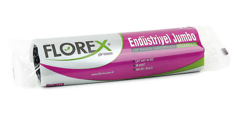 Florex Jumbo Boy Siyah Çöp Torbası 80x110 cm - 400 gr - Florex Jumbo Boy Siyah Çöp Torbası, 80x110 cm ölçülerinde ve çift kat 49 mikron kalınlığında geri dönüştürülmüş plastikten üretilmiş doğa dostu jumbo boy çöp poşetidir. Çöp poşeti kalınlığının yüksek olmasından dolayı oldukça sağlamdır.

Bir rulosu 400 gr ağırlığında ve bir ruloda 10 yaprak jumbo boy çöp torbası yer almaktadır. Bir kolisinde ise 20 rulo jumbo boy çöp poşeti mevcuttur ve toplam koli ağırlığı ise 8 kg'dır.

Ev dışı tüketim (EDT) alanları olan restoran, cafe, otel, pastane vs. gibi işletmeler başta olmak üzere birçok farklı alanda maksimum 90 litrelik çöp kovalarında kullanıma uygundur.