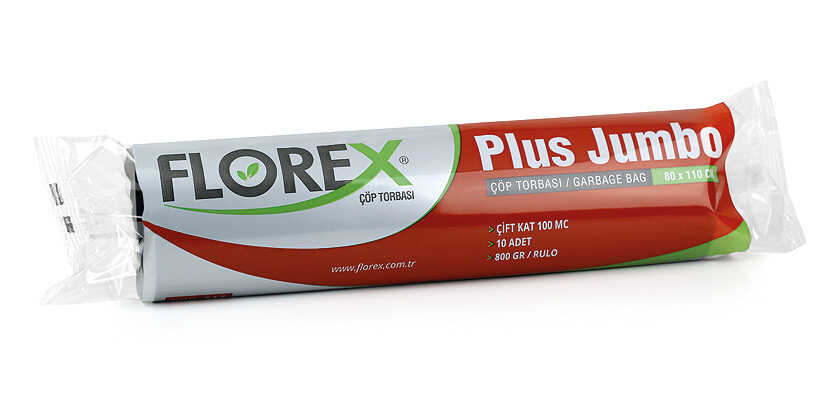 Florex Jumbo Boy Siyah Çöp Torbası 80x110 cm - 800 gr - Florex Jumbo Boy Siyah Çöp Torbası, 80x110 cm ölçülerinde ve çift kat 100 mikron kalınlığında geri dönüştürülmüş plastikten üretilmiş doğa dostu jumbo boy çöp poşetidir. Çöp poşeti kalınlığının yüksek olmasından dolayı oldukça sağlamdır.

Bir rulosu 800 gr ağırlığında ve bir ruloda 10 adet siyah jumbo boy çöp torbası yer almaktadır. Bir kolisinde ise 10 rulo jumbo boy çöp poşeti mevcuttur ve toplam koli ağırlığı ise 8 kg'dır.

Ev dışı tüketim (EDT) alanları olan restoran, cafe, otel, pastane vs. gibi işletmeler başta olmak üzere birçok farklı alanda maksimum 90 litrelik çöp kovalarında kullanıma uygundur.