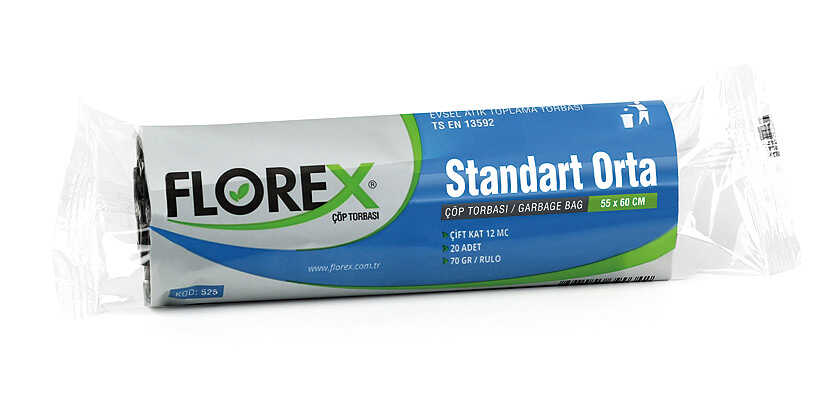 Florex Standart Orta Boy Siyah Çöp Torbası 55x60 cm - Florex Standart Orta Boy Siyah Çöp Torbası, 55x60 cm ölçülerinde ve %100 orijinal polietilen hammaddeden üretilmiş orta boy siyah renkli plastik çöp poşetidir.

Bir ruloda 20 yaprak orta boy çöp torbası yer almaktadır. Bir kolisinde ise 50 rulo orta boy siyah çöp poşeti mevcuttur.

Ev dışı tüketim (EDT) alanları olan restoran, kafe, otel, ofis, restoran vs. gibi işletmeler başta olmak üzere birçok farklı alanda maksimum 40 litrelik çöp kovalarında kullanıma uygundur.