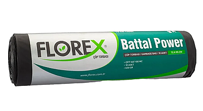 Florex Power Battal Boy Siyah Çöp Torbası 72x95 cm - 630 gr - Florex Battal Boy Siyah Çöp Torbası, 72x95 cm ölçülerinde ve çift kat 100 mikron kalınlığında geri dönüştürülmüş plastikten üretilmiş doğa dostu battal boy çöp poşetidir. Çöp poşeti kalınlığının yüksek olmasından dolayı oldukça sağlamdır.

Bir rulosu 600 gr ağırlığında ve bir ruloda 10 adet siyah battal boy çöp torbası yer almaktadır. Bir kolisinde ise 10 rulo battal boy çöp poşeti mevcuttur ve toplam koli ağırlığı ise 8 kg'dır.

Ev dışı tüketim (EDT) alanları olan restoran, cafe, otel, pastane vs. gibi işletmeler başta olmak üzere birçok farklı alanda maksimum 70 litrelik çöp kovalarında kullanıma uygundur.