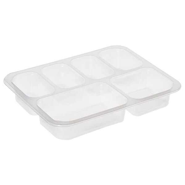 6 Bölmeli Film Yapıştırmalı Kahvaltı Kabı Şeffaf - 22,5 cm boyunda,18 cm eninde ve 3,7 cm yüksekliğinde, sıcağa dayanıklı, 6 bölmeli, film yapıştırmalı, şeffaf renkte, tek kullanımlık plastik kahvaltı kabıdır.

Üst filmini yapıştırmak için Clio 35 Manuel Tabak Kapatma Makinası kullanılmaktadır.
Polipropilen (PP) malzemeden olması sebebiyle mikrodalga fırında (sıcağa) kullanıma ve gıda ile temasa uygundur. Tabakların üstü, tabak kapatma makinası vasıtasıyla soyulabilir (peelable) BOPP film ile ısıtma kapatmaya uygundur.
Restoran, kafe ve toplu yemek veren firmaların sıcak ve soğuk, katı ve sıvı kahvaltı ürünlerin bir arada paketlenmesinde kullanımı içindir. Ürünün üstü ısıtma kapatma yöntemi ile kapatılarak 6 çeşit sıcak ya da soğuk kahvaltılık paket serviste birbirine karışmadan gönderilebilir. Özellikle sulu veya soslu taneli dökülme riski olan yemeklerin gönderimi için ideal ambalaj kabıdır.