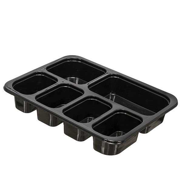6 Bölmeli Film Yapıştırmalı Kahvaltı Kabı Siyah - 22,5 cm boyunda,18 cm eninde ve 3,8 cm yüksekliğinde, sıcağa dayanıklı, 6 bölmeli, film yapıştırmalı, siyah renkte, tek kullanımlık plastik kahvaltı kabıdır.

Üst filmini yapıştırmak için Clio 35 Manuel Tabak Kapatma Makinası kullanılmaktadır.
Polipropilen (PP) malzemeden olması sebebiyle mikrodalga fırında (sıcağa) kullanıma ve gıda ile temasa uygundur. Tabakların üstü, tabak kapatma makinası vasıtasıyla soyulabilir (peelable) BOPP film ile ısıtma kapatmaya uygundur.
Restoran, kafe ve toplu yemek veren firmaların sıcak ve soğuk, katı ve sıvı kahvaltı ve meze ürünlerin bir arada paketlenmesinde kullanımı içindir. Ürünün üstü ısıtma kapatma yöntemi ile kapatılarak 6 çeşit sıcak ya da soğuk kahvaltılık paket serviste birbirine karışmadan gönderilebilir. Özellikle sulu veya soslu taneli dökülme riski olan yemeklerin gönderimi için ideal ambalaj kabıdır.