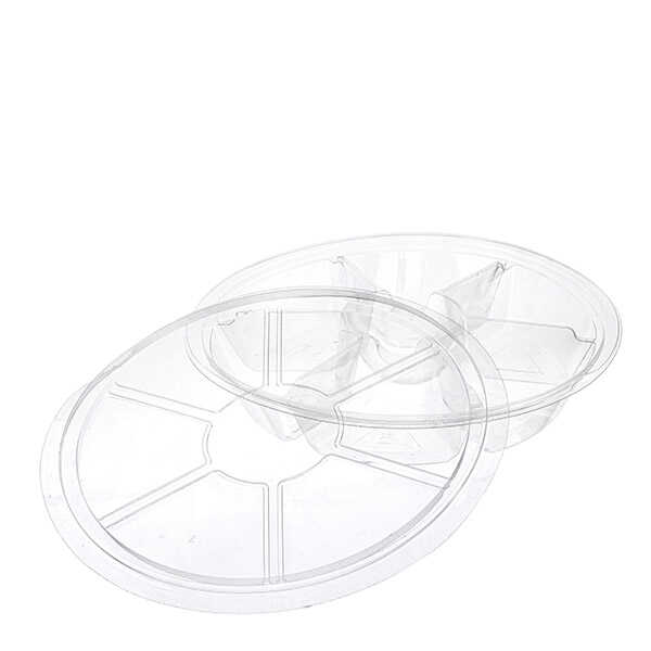 7 Bölmeli Kahvaltı Meze Kabı Seti Şeffaf Yükseklik 4,5 cm - 7 bölmeli, 26 cm çapında 4,5 cm yüksekliğinde, tek kullanımlık şeffaf gıda kabı setidir.

Çok bölmeli olmasıyla kahvaltı, meze, şarküteri, salata gibi çeşitli soğuk yemeklerin aynı kapta paket servisi için idealdir. Kuruyemiş, şekerleme, kuru meyve vb. ürünlerin sunumu ve paketlenmesinde de kullanılabilir.

Sıcak yemek servisi için uygun değildir, mikrodalgaya girmez.

Kap kapak beraber satılmaktadır.