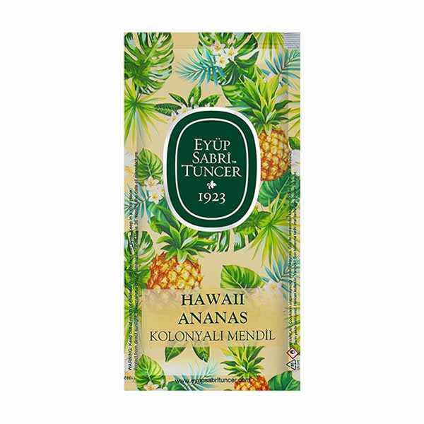 Eyüp Sabri Tuncer Havaii Ananas Kolonyalı Mendil - Hawaii adalarının enerjisini barındıran etkileyici ananas kokusu ile tazelik hissinin içinize dolduğunu fark edeceksiniz. Tüm cilt tiplerinde güvenle kullanılabilen Eyüp Sabri Tuncer Hawaii Ananas kolonyalı mendil evde, ofiste, restoranda ve dış mekanlarda hijyene ihtiyaç duyulan her an sizinle. 5*10 cm kapalı folyo içerisinde açık mendil ebatı 13*18 cm olan, özenle paketlenen birbirinden şık ambalajlar ile sunulan Eyüp Sabri Tuncer özel Hawaii Ananas kolonyalı mendil serisiyle ferahlık ve hijyen yanınızda…