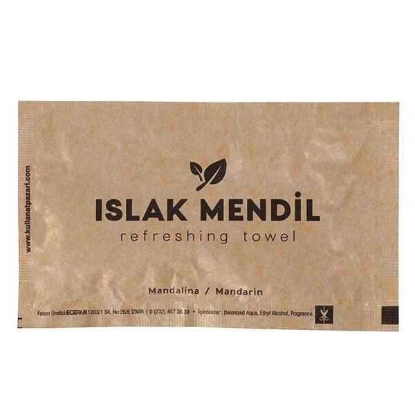 Kraft Islak Mendil 6x10 cm Mandalina (70° Alkollü) - Dış yüzeyi 6 x 10 cm ebatlarında, kraft ambalajlı, 13 x 17 cm ölçüsünde kaliteli non-woven kumaştan, mandalina kokulu tek kullanımlık ıslak mendil. %70 oranında yüksel alkol içermektedir.
Cafe ve restaurantların paket servislerde kullanabileceği şık ve ekonomik bir ıslak mendildir.