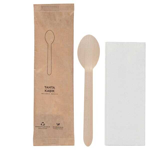 Kraft Kağıt Ambalajlı Tahta Kaşık Peçete Seti 50'li - Kraft Kağıt Ambalajlı Tahta Kaşık Peçete Seti, 16 cm uzunluğunda ekolojik tahta kaşık ve beyaz peçeteden oluşmaktadır. Endüstriyel amaçlı yetiştirilen huş ağacından üretilmiştir. Katkı maddesi veya kimyasal içermez.
Özellikle paket serviste çatal bıçak kaşık setlerinin tekli paketlenmesi, daha hijyenik olarak servis edilmesi amacıyla tercih edilir.
Kraft ambalajlı ikram seti olarak 3 farklı versiyonu mevcuttur.
Plastik çatal bıçak kaşıklara alternatif tahtadan üretilmiş olması ve jelatin ambalaja alternatif kraft kağıt ambalaj ile paketlenmiş olması çevreye duyarlı işletmeler için çözüm sunar.
Restaurant, kafeterya gibi işletmelerin paket servislerinde kullanımı için idealdir.
Ekolojik Tahta Çatal 16 cm, Ekolojik Tahta Bıçak 16 cm, Ekolojik Tahta Dondurma Kaşığı ve Ekolojik Tahta Kokteyl Çatalı FSC (Orman Güvenlik Konseyi) belgeli, endüstriyel amaçlı yetiştirilen ağaçlardan üretilmiştir. FSC logosu, o ürünün elde edildiği ormanın sürdürülebilir bir biçimde yönetildiğinin ve bunun bağımsız bir kurul tarafından onaylandığının işaretidir. Kullanılan ağaç ürünleri, ormanın biyolojik çeşitliliğine, verimliliğine ve ekolojik süreçlerine zarar vermeden elde edilmektedir.