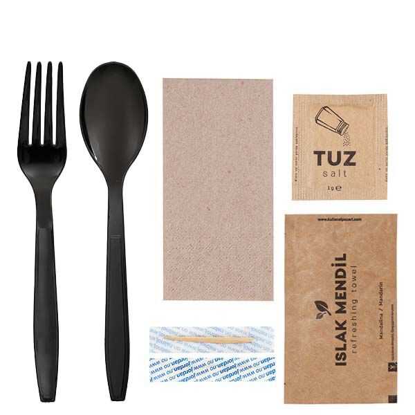 6'lı Ultra Lüks Çatal Kaşık Yemek Seti Siyah - Ultra lüks tek kullanımlık plastik siyah çatal (ort. 6,3 gr), ultra lüks tek kullanımlık plastik siyah kaşık (ort 6,3 gr