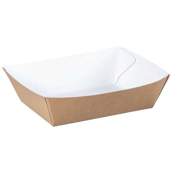 Kraft Karton Kayık Tabak Küçük 11x7 cm - Taban ölçüleri eni 7 cm, uzunluğu 11 cm ve yüksekliği 4 cm, içi beyaz dışı kraft renkte karton kayık tabaktır. Ürünün ağız ölçüleri 11,5 x 15,4 x 4 cm dir.

Kraft karton kayık tabakların yüzeyi film / selefon kaplı değildir.
Cafe, restaurant ve organizasyonlarda menü tabağı, patates kızartması kutusu, kumpir kutusu, çıtır tavuk kutusu, soğan halkası kutusu, cips kutusu, kuruyemişin yanı sıra şu an çok popüler olan lokma tatlısı kutusu (tavası) gibi farklı yiyeceklerin sunumları için pratik, ideal ve çok kullanışlıdır.
Geri dönüşümü yapılabilen çevre dostu bir üründür.