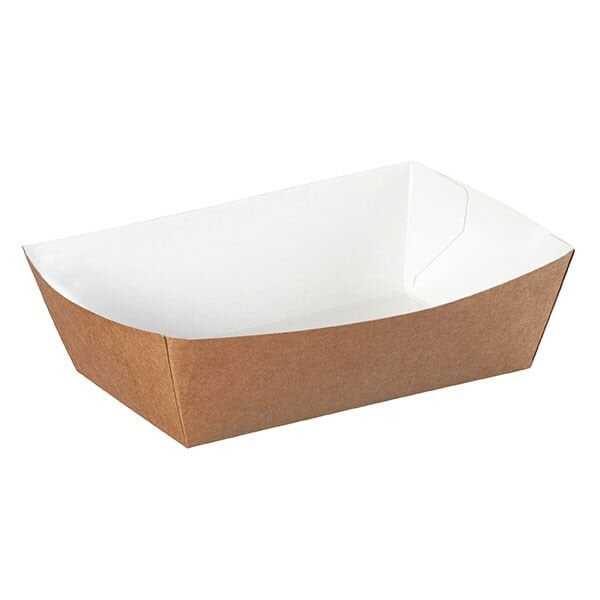 Kraft Karton Kayık Tabak Büyük 17x11 cm - Taban ölçüleri eni 11 cm, uzunluğu 17 cm ve yüksekliği 5,5 cm, içi beyaz, dışı kraft renkte karton kayık tabaktır. Ürünün ağız ölçüleri 22 x 17 x 5,5 cm dir.

Kraft karton kayık tabakların yüzeyi film / selefon kaplı değildir.
Cafe, restaurant ve organizasyonlarda menü tabağı, patates kızartması kutusu, kumpir kutusu, çıtır tavuk kutusu, soğan halkası kutusu, cips kutusu, kuruyemişin yanı sıra şu an çok popüler olan lokma tatlısı kutusu (tavası) gibi farklı yiyeceklerin sunumları için pratik, ideal ve kullanışlı gıda kabıdır.
Geri dönüşümü yapılabilen çevre dostu bir üründür.